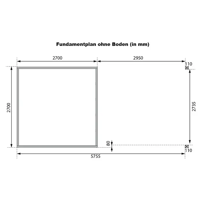 Karibu Gartenhaus Pluto 6 A - Außenmaß inkl. Dachüberstand (B x T): 595,5 x 292,4 cm, Fichte/ Metall, Naturbelassen/ Anthrazit - Fundamentplan ohne Boden mit Maßangaben in mm: 2700 x 2700 mm großes Quadrat und rechteckige Erweiterung mit 2950 mm.