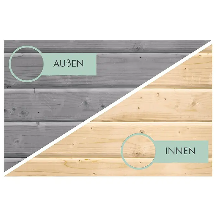 Karibu Gartenhaus Jupiter 5 D - Außenmaß inkl. Dachüberstand (B x T): 320,5 x 266,5 cm, Holz, Wassergrau/Weiß - Außen- und Innenansicht einer Holzwand. Die äußere Seite ist grau gestrichen, während die innere Seite naturbelassen hell ist.