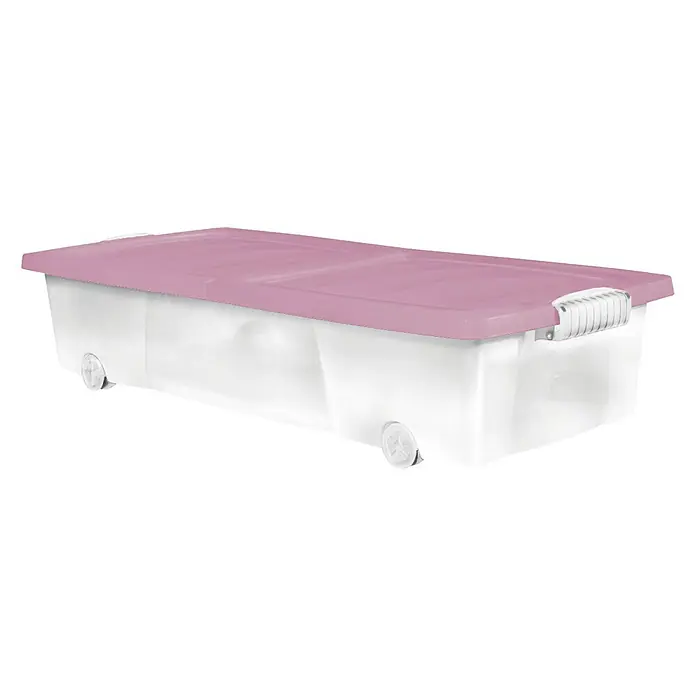 Caja de almacenaje - L x An x Al: 40 x 80 x 17 cm, Color de la tapa: Azul/Verde/Rosa o Marrón - Toma de una caja de almacenamiento de plástico con ruedas y una tapa rosa, que ofrece una solución práctica para almacenar objetos con fácil movilidad.