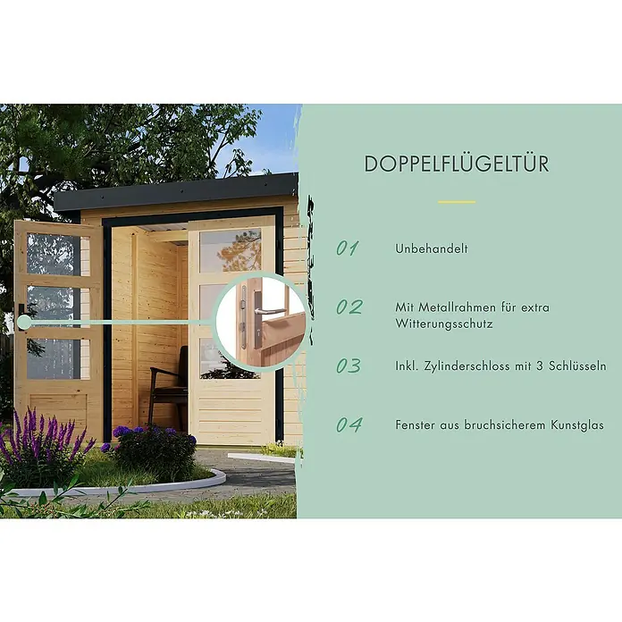 Karibu Gartenhaus Pluto 6 A - Außenmaß inkl. Dachüberstand (B x T): 309 x 292,4 cm, Holz, Naturbelassen/ Anthrazit - Doppelflügeltür aus unbehandeltem Holz mit Metallrahmen, Zylinderschloss und bruchsicherem Kunstglas für zusätzlichen Wetterschutz.