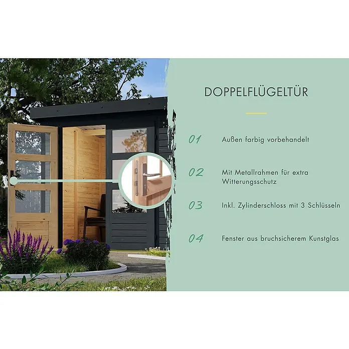 Karibu Gartenhaus Jupiter 2 C - Außenmaß inkl. Dachüberstand (B x T): 228,5 x 235 cm, Holz, Anthrazit/Weiß - Doppelflügeltür mit Metallrahmen, Zylinderschloss und bruchsicherem Kunstglas. Außen farbig vorbehandelt.