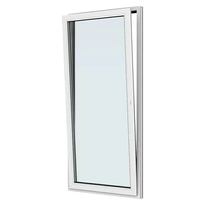 Solid Elements Balkontür New Basic - 100 x 210 cm, Verglasung: 2-fach, DIN Anschlag: Links, Weiß - Weißes Dreh-Kipp-Fenster, teilweise in Kippstellung zur Belüftung geöffnet.