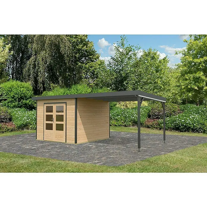 Karibu Gartenhaus Pluto 6 A - Außenmaß inkl. Dachüberstand (B x T): 595,5 x 292,4 cm, Fichte/ Metall, Naturbelassen/ Anthrazit - Abbildung eines Holzgartenschuppens mit Unterstand, ideal für die Lagerung von Gartengeräten und zum Schutz vor Witterungseinflüssen.