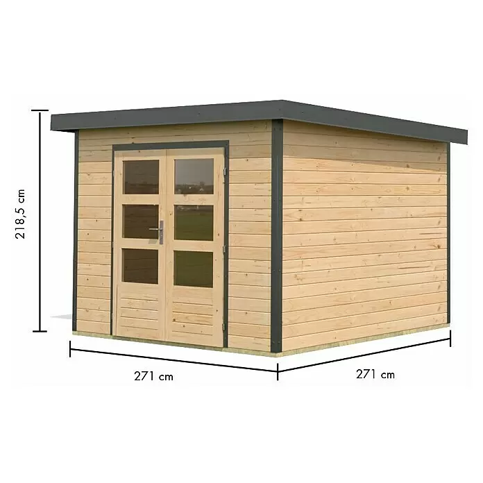Karibu Gartenhaus Pluto 6 A - Außenmaß inkl. Dachüberstand (B x T): 309 x 292,4 cm, Holz, Naturbelassen/ Anthrazit - Hölzernes Gartenhaus mit flachem dunkelgrauem Dach und Doppeltür. Maße: 218,5 cm H x 271 cm B x 271 cm T.