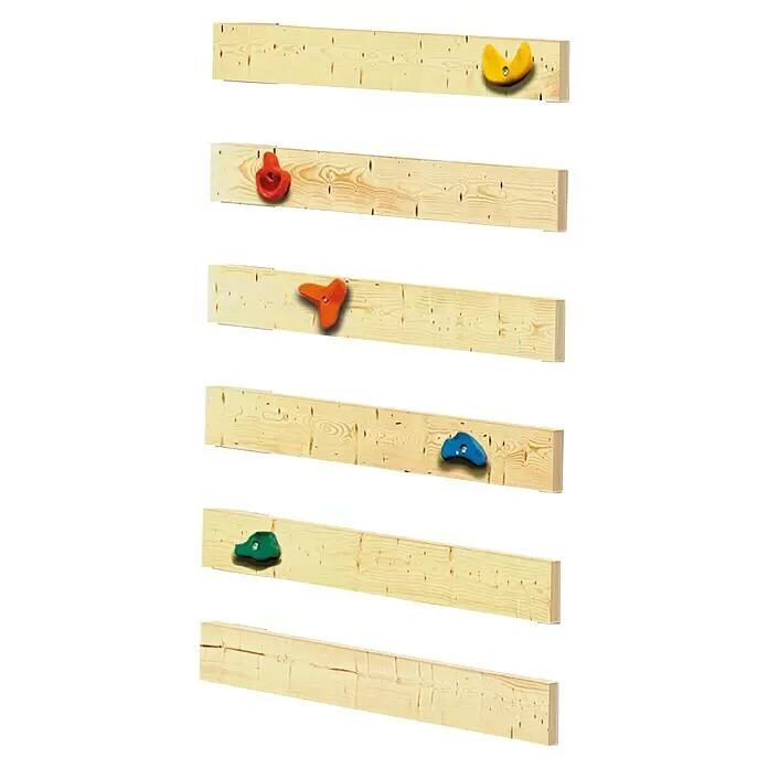 Karibu Kinderspielturm Set Lotti 68 - L x B x H: 107 x 107 x 291 cm, Holz, Naturbelassen - Helle Holz-Kletterbretter mit verschiedenen bunten Griffen.