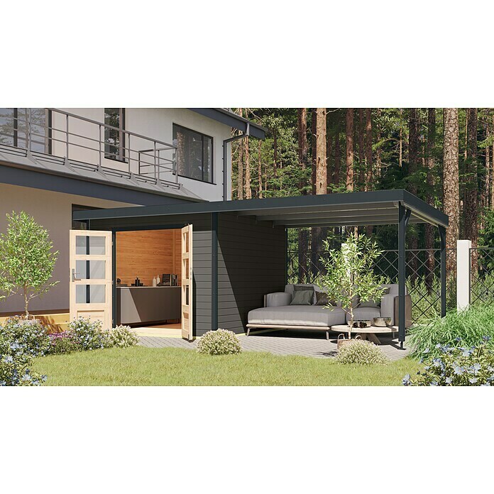 Karibu Gartenhaus Hybride Pluto B (Außenmaß inkl. Dachüberstand (B x T): 574 x 574 cm, Fichte/ Metall, Terragrau/ Anthrazit) | BAUHAUS