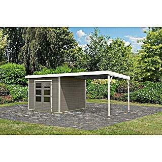 Karibu Gartenhaus Hybride Pluto D (Außenmaß inkl. Dachüberstand (B x T): 574 x 574 cm, Fichte/ Metall, Wassergrau/ Weiß)