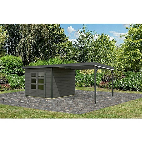 Karibu Gartenhaus Hybride Pluto B (Außenmaß inkl. Dachüberstand (B x T): 595,5 x 292,4 cm, Fichte/ Metall, Terragrau/ Anthrazit)