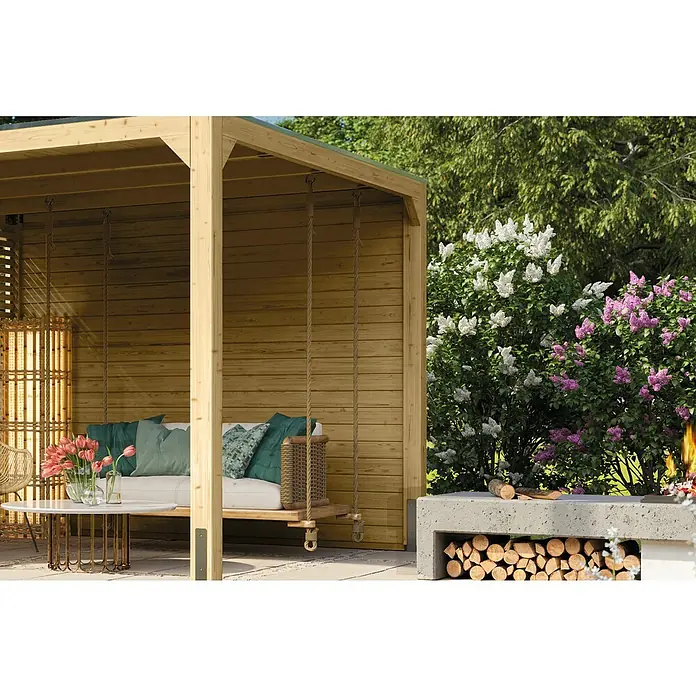 Karibu Grillpavillon - B x T: 320 x 320 cm, Farbe Gestell: Naturbraun, Holz - Einladende Gartenoase mit hölzerner Schaukelbank und gemütlichem Ambiente, ideal zum Entspannen im Freien. Die perfekte Ergänzung für jeden Garten.