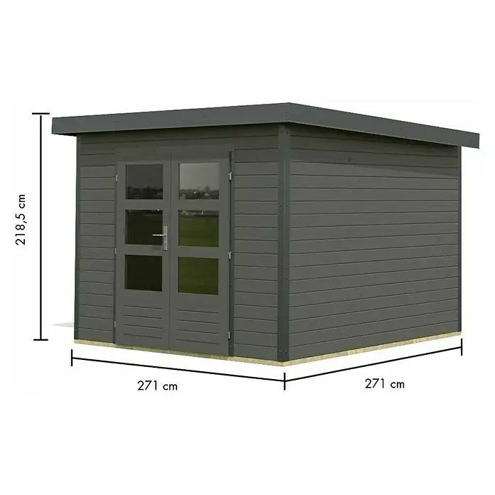 Karibu Gartenhaus Pluto 6 B - Außenmaß inkl. Dachüberstand (B x T): 309 x 292,4 cm, Holz, Terragrau/ Anthrazit - Abbildung eines modernen Gartenhauses mit Flachdach und Doppeltür, Maße: 271 x 271 x 218,5 cm.