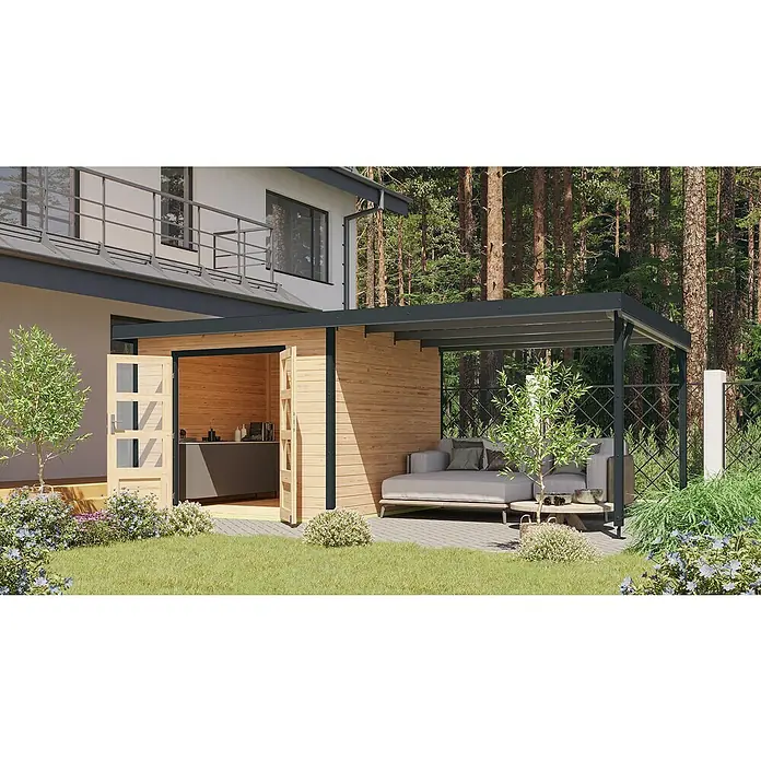 Karibu Gartenhaus Pluto 6 A - Außenmaß inkl. Dachüberstand (B x T): 595,5 x 292,4 cm, Fichte/ Metall, Naturbelassen/ Anthrazit - Eine stilvolle Gartenlaube mit Holzverkleidung und einer gemütlichen Sitzecke unter einem modernen, grauen Dach, perfekt für Entspannung im Freien.