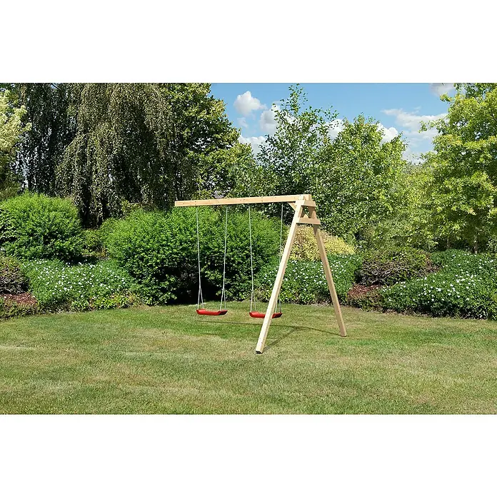 Karibu Kinderspielturm Benjamin - L x B x H: 244 x 198 x 309 cm, Naturbelassen, Mit blauer Rutsche - Freistehende Holzschaukel mit roten Sitzen im Garten. Ideal für Kinder zum Spielen und Spaß haben.