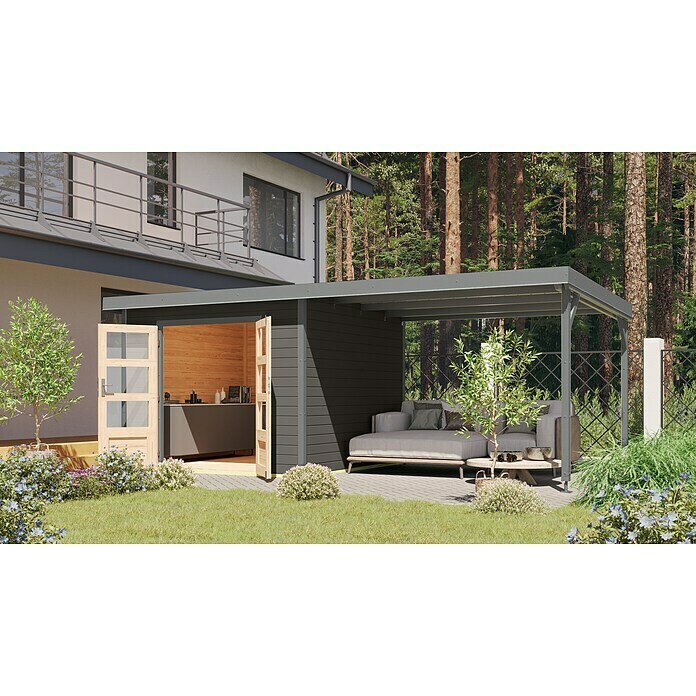 Karibu Gartenhaus Hybride Pluto B (Außenmaß inkl. Dachüberstand (B x T): 574 x 574 cm, Fichte/ Metall, Terragrau/ Staubgrau) | BAUHAUS