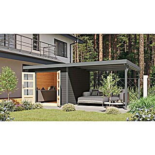 Karibu Gartenhaus Hybride Pluto B (Außenmaß inkl. Dachüberstand (B x T): 574 x 574 cm, Fichte/ Metall, Terragrau/ Staubgrau)