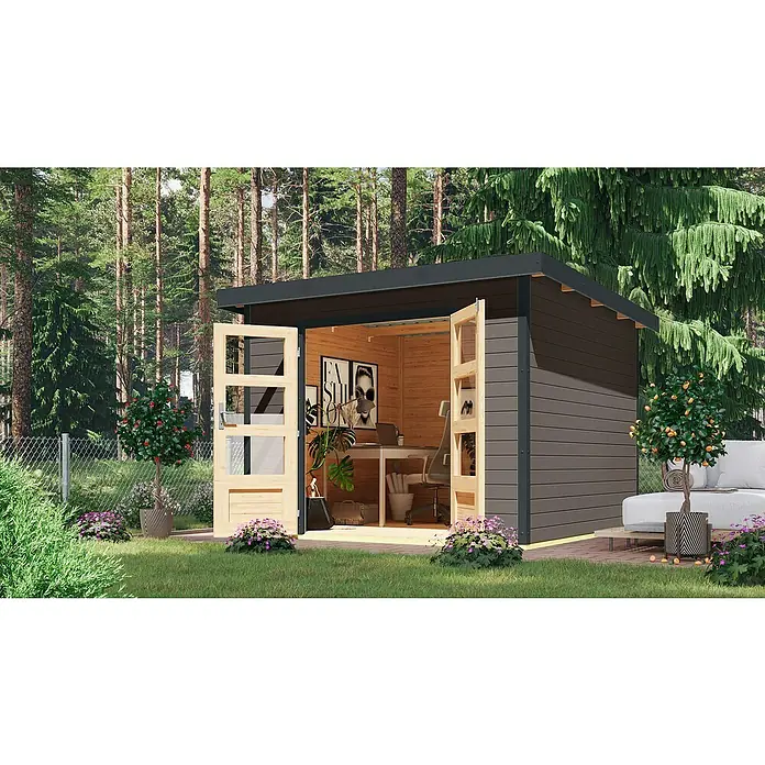 Karibu Gartenhaus Pluto 6 B - Außenmaß inkl. Dachüberstand (B x T): 309 x 292,4 cm, Holz, Terragrau/ Anthrazit - Diese einladende Gartenoase präsentiert ein modernes Gartenhaus mit weit geöffneten Türen, das einen stilvollen Arbeitsbereich im Freien offenbart.