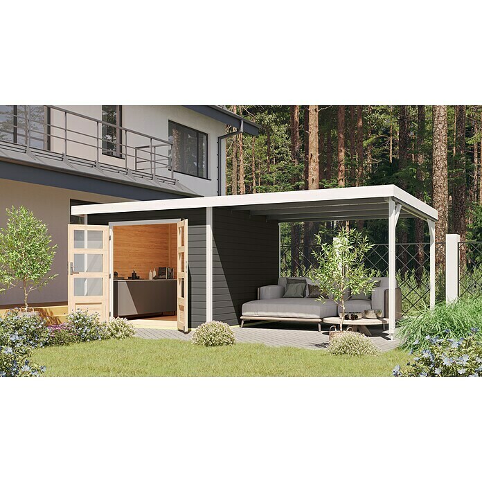 Karibu Gartenhaus Hybride Pluto B (Außenmaß inkl. Dachüberstand (B x T): 574 x 574 cm, Fichte/ Metall, Terragrau/ Weiß) | BAUHAUS