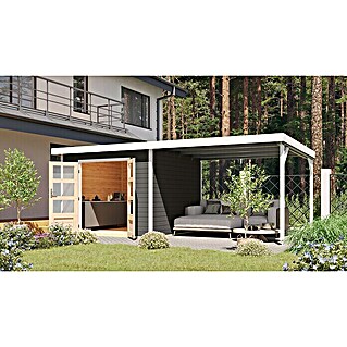 Karibu Gartenhaus Hybride Pluto B (Außenmaß inkl. Dachüberstand (B x T): 574 x 574 cm, Fichte/ Metall, Terragrau/ Weiß)