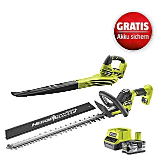 Ryobi ONE+ Maschinenpaket Akku-Combo-Kit (Akku-Heckenschere mit Schnittgutkehrer + Akku-Laubgebläse + Akku-Starterset)