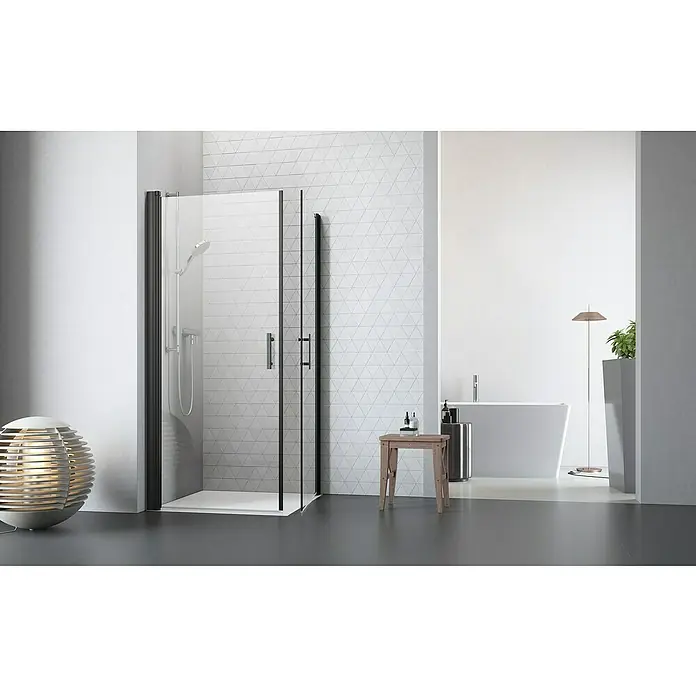 Camargue Vario Eckdusche B1+B3 - L x B x H: 75 x 90 x 195 cm, Beschichtet, Schwarz, Glasstärke: 6 mm - Moderne Badezimmeraufnahme mit einer eleganten Duschkabine mit schwarzen Rahmen und Griffen, die stilvolles Design und Funktionalität vereint.