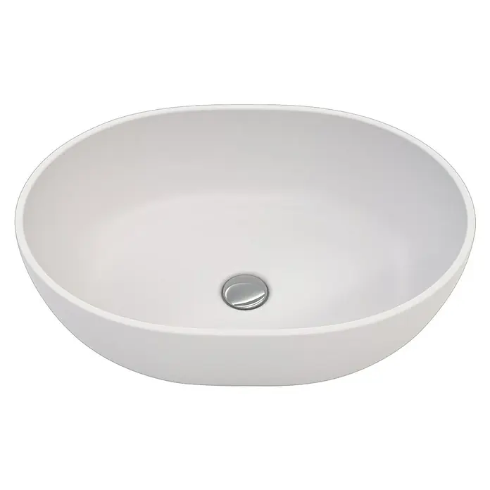 Camargue Lavabo de sobremesa Bali - 50 x 35 cm, Sin desbordamiento, Blanco - Vista superior de un lavabo de cerámica ovalado moderno con un tapón de desagüe brillante en el centro. Ideal para cualquier baño.