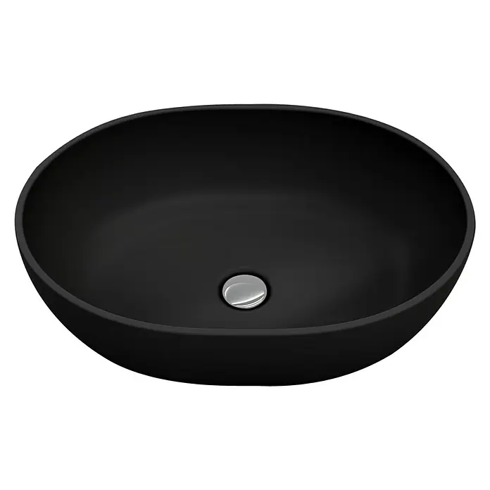 Camargue Lavabo de sobremesa Bali - 50 x 35 cm, Sin desbordamiento, Negro - Lavabo sobre encimera negro ovalado con tapón de desagüe brillante en el centro, accesorio de baño minimalista y moderno.