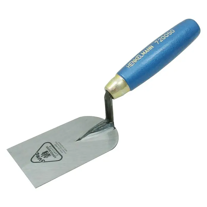 Jung Henkelmann Stukkateurspachtel - 50 mm, Qualitätsstahl gehärtet - Maurerkelle der Marke Henkelmann mit blauem Griff und silberner Klinge. Ideal für Bauarbeiten.
