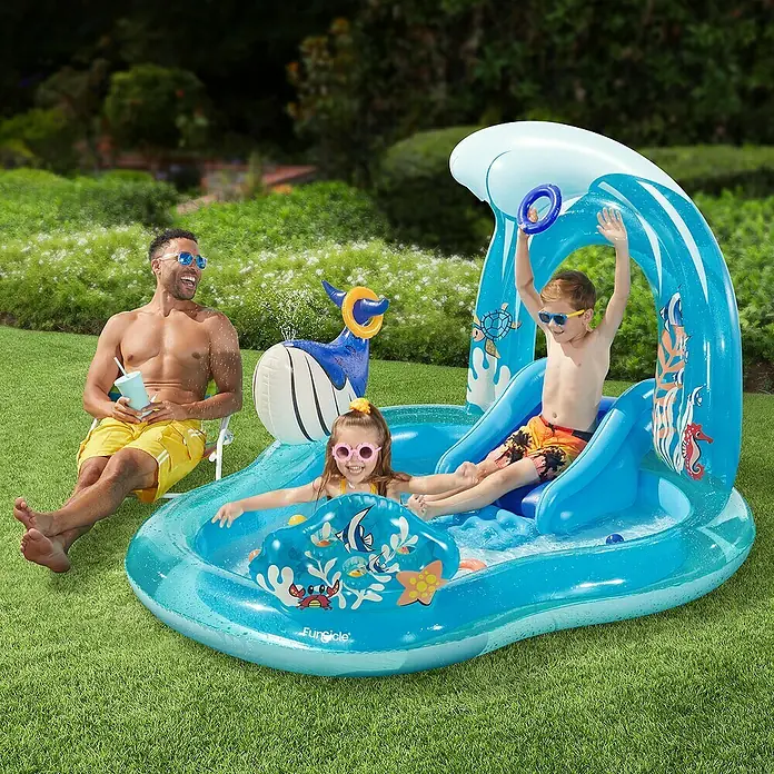 Funsicle Planschbecken Play Center Wal - Mehrfarbig - Wasserspielcenter mit Rutsche und Meerestier-Design für Kinder. Ideal für lustige Stunden im Garten mit Abkühlung und Spiel.