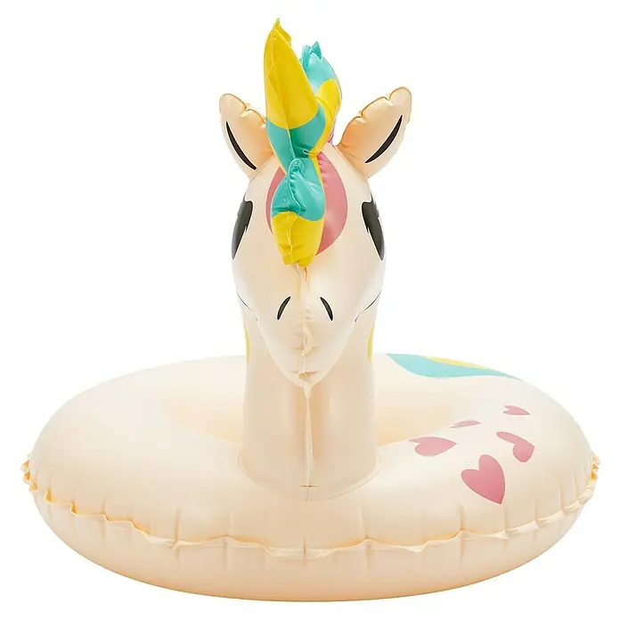 Funsicle Schwimmtier Einhorn - L x B x H: 76 x 53 x 55 cm - Niedlicher, aufblasbarer Einhorn-Schwimmreifen für Kinder, perfekt für den Pool oder den Strand. Der Reifen ist hellrosa und hat bunte Akzente.