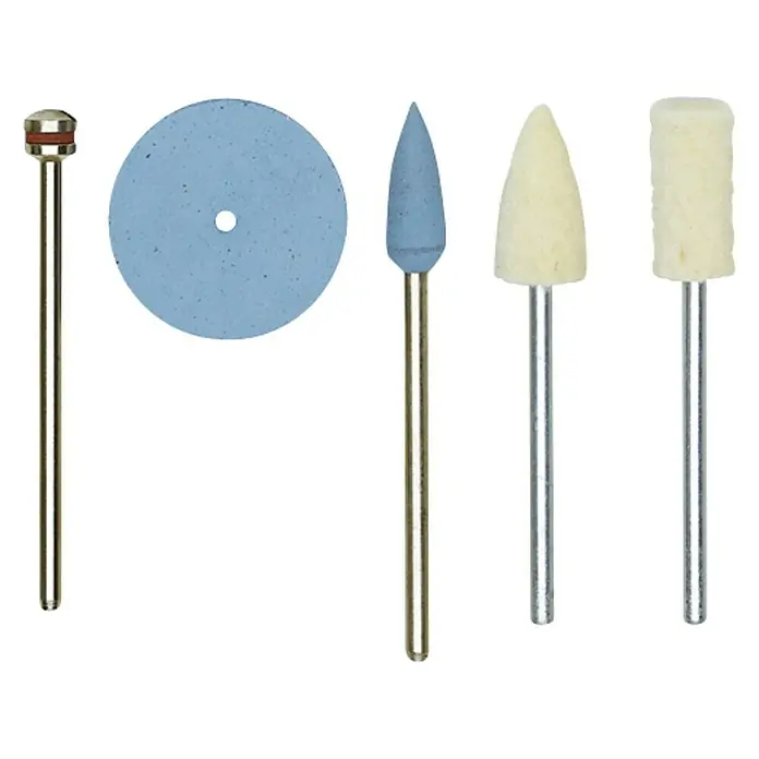 Proxxon Set de muelas para pulir N.º 28285 - Diámetro vástago: 2,35 mm, 10 ud. - Imagen de varios accesorios de esmerilado para herramientas, incluyendo un disco, un cono y un cilindro.