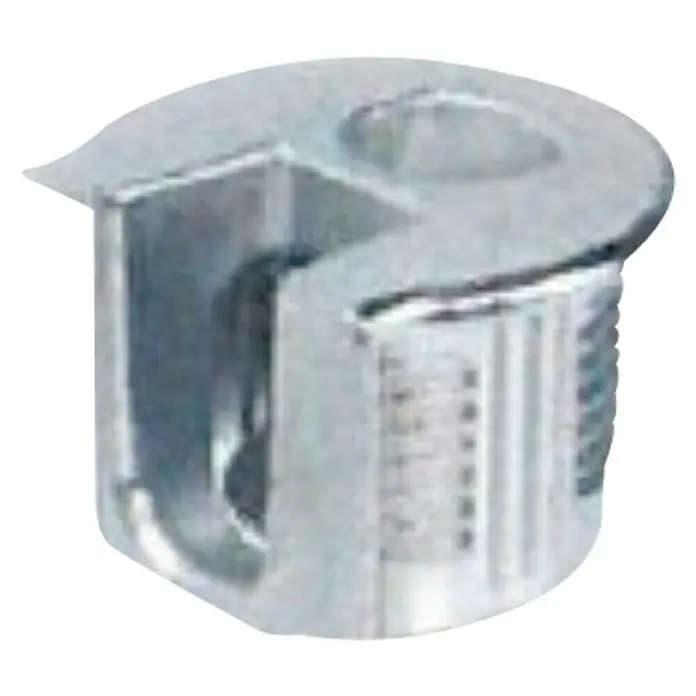 Stabilit Conector excéntrico para armario Rafix - Acero, Niquelado, 8 ud. - Primer plano de un conector de muebles zincado con rosca, un accesorio robusto para la construcción y reparación de muebles.