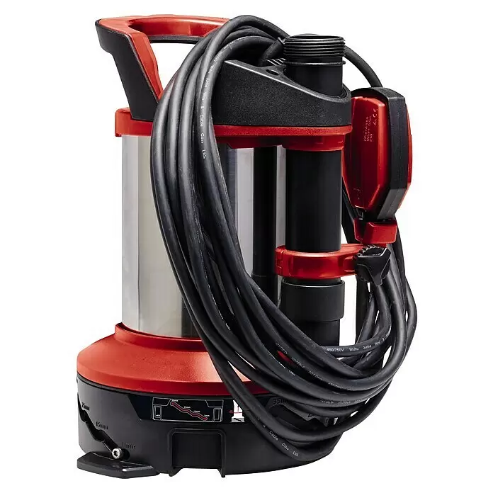 Einhell Schmutzwasserpumpe ECO GE-DP 7535 N LL - Max. Fördermenge: 18.500 l/h - Rote und silberne Tauchpumpe mit aufgewickeltem schwarzem Netzkabel.