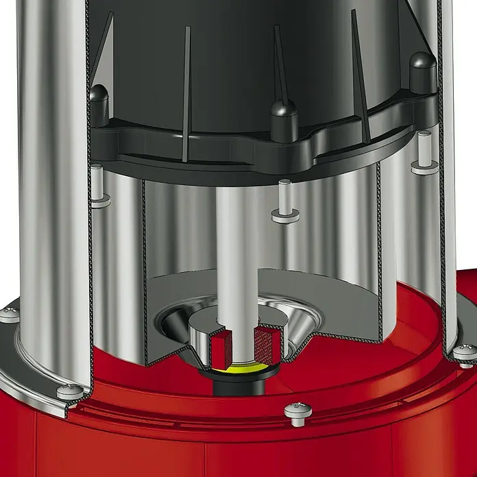 Einhell Schmutzwasserpumpe ECO GE-DP 7935 N-A - Max. Fördermenge: 19.500 l/h - Detailaufnahme einer Einhell-Tauchpumpe im Schnitt, die interne Komponenten wie Motor und Dichtungen zeigt.