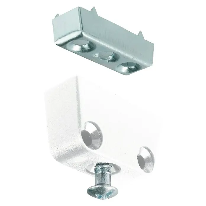 Suki Herraje de unión para armarios - L x An x Al: 37 x 15 x 11 mm, Blanco - Primer plano de un conector de muebles plateado con un tornillo y un soporte blanco. Conector de muebles para una conexión sólida.