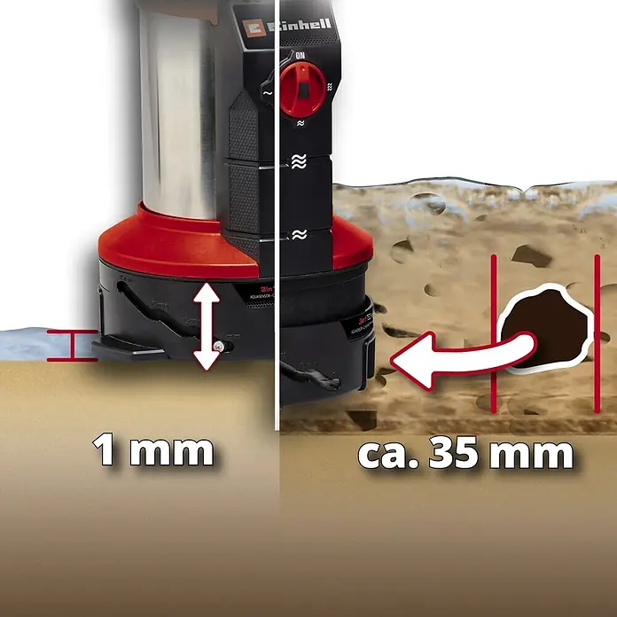 Einhell Schmutzwasserpumpe ECO GE-DP 7935 N-A - Max. Fördermenge: 19.500 l/h - Produktdarstellung einer Einhell-Tauchpumpe mit verstellbarer Saughöhe für sauberes oder schmutziges Wasser mit Angabe der minimalen und maximalen Saughöhe.