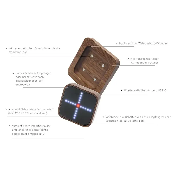 Intertechno Steuerzentrale Smart Home Selection-Zentrale - Braun, L x B x H: 80 x 80 x 61 mm - Smart Home Steuerung mit hochwertigem Walnussgehäuse, magnetischer Wandhalterung, USB-C-Ladefunktion und NFC-Konfiguration für Szenarien.
