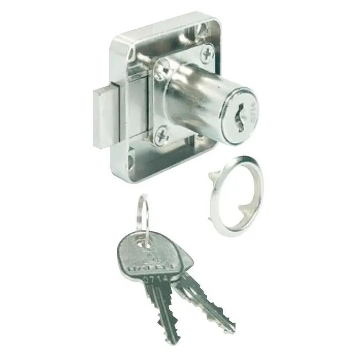 Stabilit Cerrojo con bloqueo - Medida de mandril: 25 mm, Oro - Primer plano de una cerradura metálica para armarios con llaves y anillo de retención. La cerradura es de color plateado.