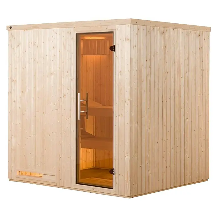 Weka Elementsauna Halmstad 2 - Ohne Ofen, L x B x H: 177 x 194 x 199 cm - Geräumige Sauna mit Glastür und Holzverkleidung, die Entspannung pur verspricht. Die ideale Ergänzung für Ihr Zuhause.