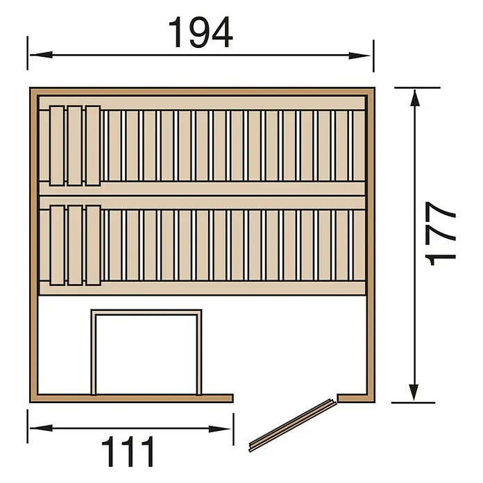 Weka Elementsauna Halmstad 2 - Ohne Ofen, L x B x H: 177 x 194 x 199 cm - Grundriss einer Infrarotsauna mit Maßen. Die Sauna bietet Platz für zwei Bänke und verfügt über einen Eingangsbereich.