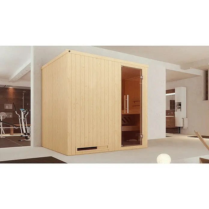 Weka Elementsauna Halmstad 2 - Ohne Ofen, L x B x H: 177 x 194 x 199 cm - Eine Sauna für den Innenbereich mit hellem Holz und einer Glastür, die ein luxuriöses Wellnesserlebnis zu Hause ermöglicht.