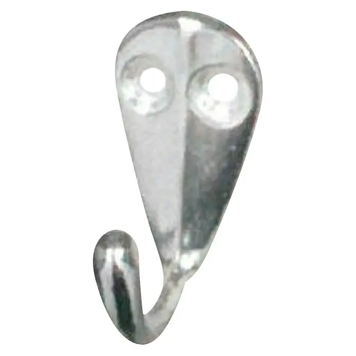 Häfele Gancho para colgar - Altura: 42 mm, Aluminio - Primer plano de un pequeño gancho de color plateado con dos agujeros para montaje en pared, ideal para objetos ligeros.