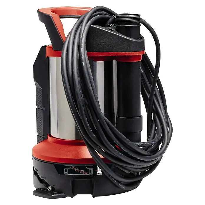 Einhell Schmutzwasserpumpe ECO GE-DP 7935 N-A - Max. Fördermenge: 19.500 l/h - Eine Tauchpumpe in Rot und Silber mit einem gewickelten schwarzen Kabel. Ideal zum Abpumpen von Wasser in Kellern oder Teichen.