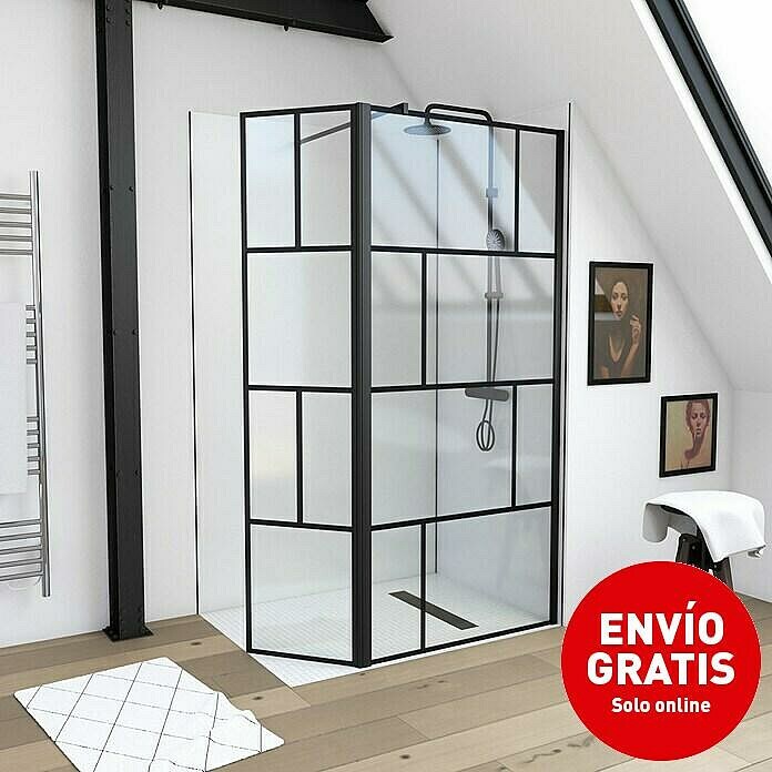 Aurlane Mampara de ducha fija Walk-In Bricks (An x Al: 90 x 195 cm, Espesor: 5 mm, Negro) | BAUHAUS