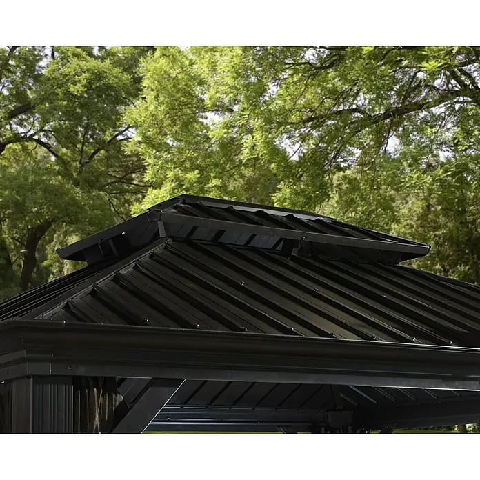 Sojag Standard-Pavillon Messina 12 x 16 - B x T: 483 x 363 cm, Farbe Gestell: Anthrazit, Aluminium - Nahaufnahme eines stilvollen, schwarzen Pavillons mit Metalldach, ideal für den Garten. Das elegante Design bietet Schutz und Komfort im Freien.