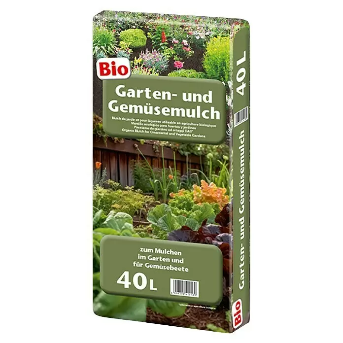 Bio-Mulch - 40 l, Braun - Grüner 40L Beutel mit Bio Garten- und Gemüsemulch zum Mulchen im Garten und für Gemüsebeete.