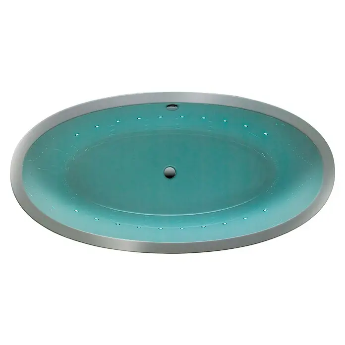 Ottofond Whirlpool Crystal - 185 x 94,5 cm, Sanitäracryl, Weiß, Light - Das Bild zeigt eine moderne ovale Badewanne mit eingebauten Lichtern und klarem, blau getöntem Wasser. Die Wanne hat eine silberne Umrandung.