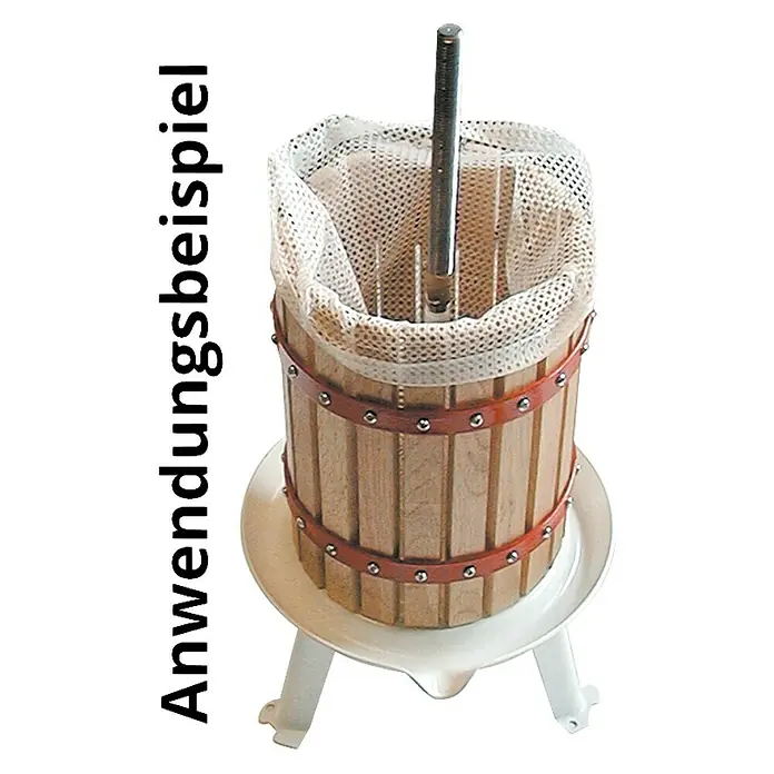 Güde Presstuch - Passend für: Güde Obstpresse OP 18 - Dieses Bild zeigt eine Weinpresse aus Holz und Metall mit einem Netzeinsatz. Die Weinpresse steht auf einem weißen Sockel.
