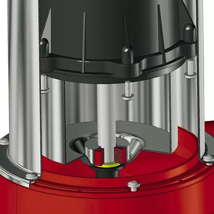 Einhell Schmutzwasserpumpe ECO GE-DP 7535 N LL - Max. Fördermenge: 18.500 l/h - Schnittbild einer Pumpe/Motors: metallisch-silbernes Gehäuse, schwarze Innenteile, rote Basis, zeigt Zentralwelle und Mechanismus.