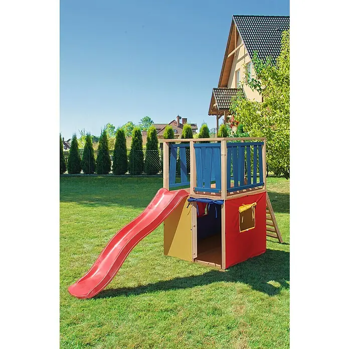 Rutsche - B x L: 39 x 176 cm, Rot - Ein farbenfrohes Spielhaus mit Rutsche im Garten, ideal für Kinder zum Spielen und Spaß haben.