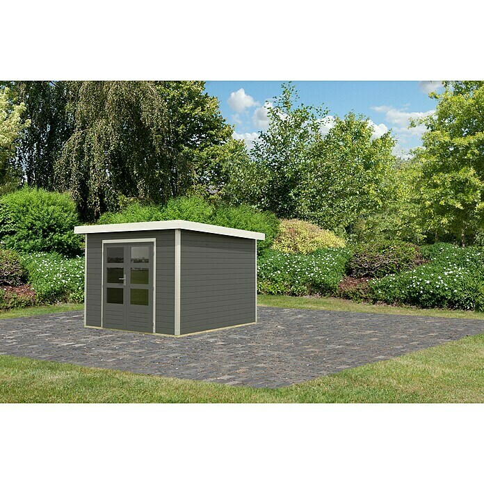 Karibu Gartenhaus Hybride Pluto B (Außenmaß inkl. Dachüberstand (B x T): 309 x 309 cm, Fichte/ Metall, Terragrau/ Weiß) | BAUHAUS