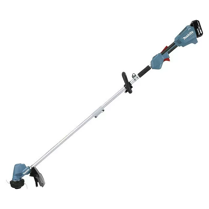 Makita LXT 18V Akku-Rasentrimmer DUR192LRT1 - 18 V, 5 Ah, Li-Ionen, 1 Akku, Schnittbreite Faden: 30 cm - Grauer Makita Akku-Rasentrimmer mit schwarzem Griff, silbernem Schaft und angebrachtem Akku.